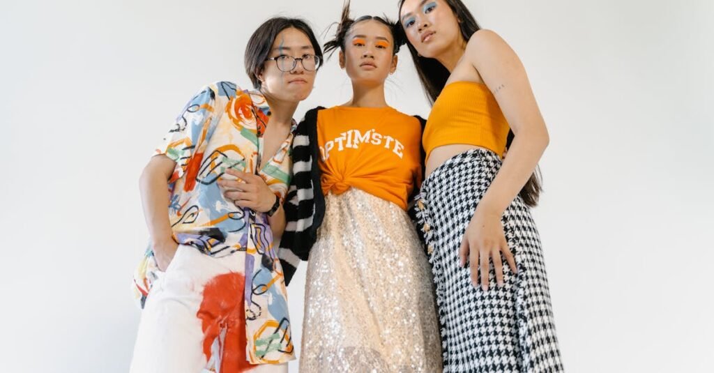 Three young adults express individuality and style in colorful, trendy outfits.